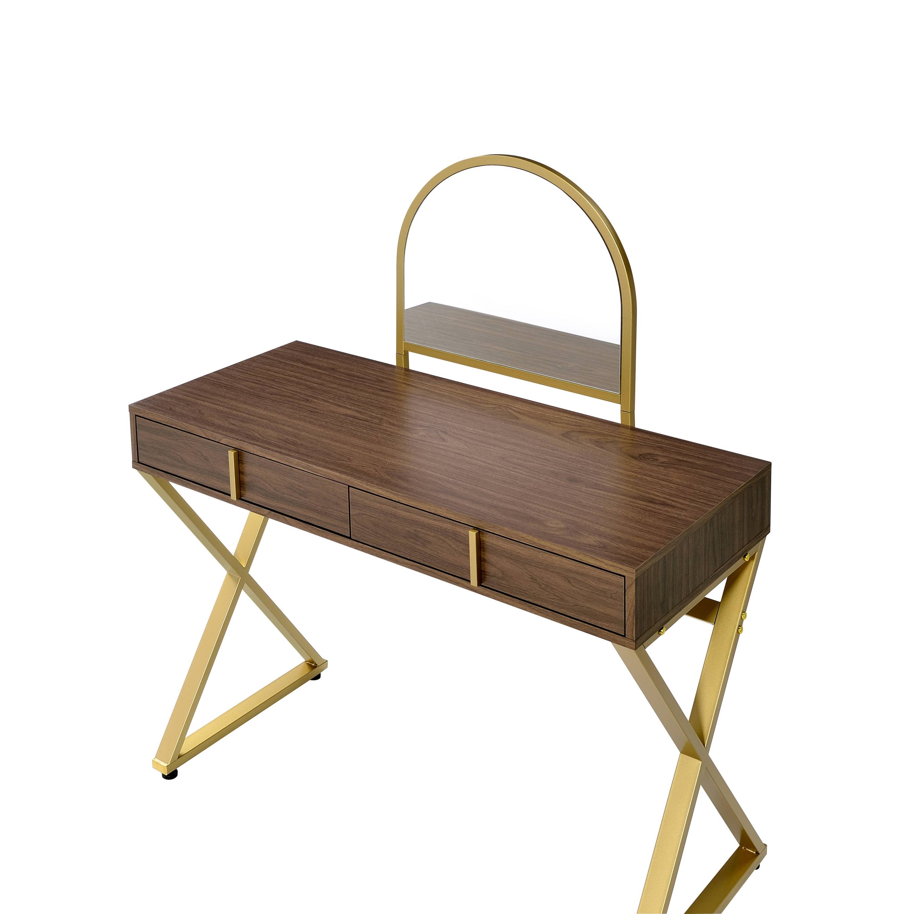Coleen Walnut & Gold Finish Vanity Desk with Mirror & Jewelry Tray