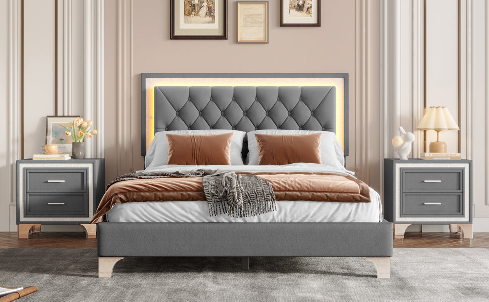 3-Pieces Bedroom Set, Queen Size Upholstered Platform Bed with LED Lights and Two Nightstands - Gray