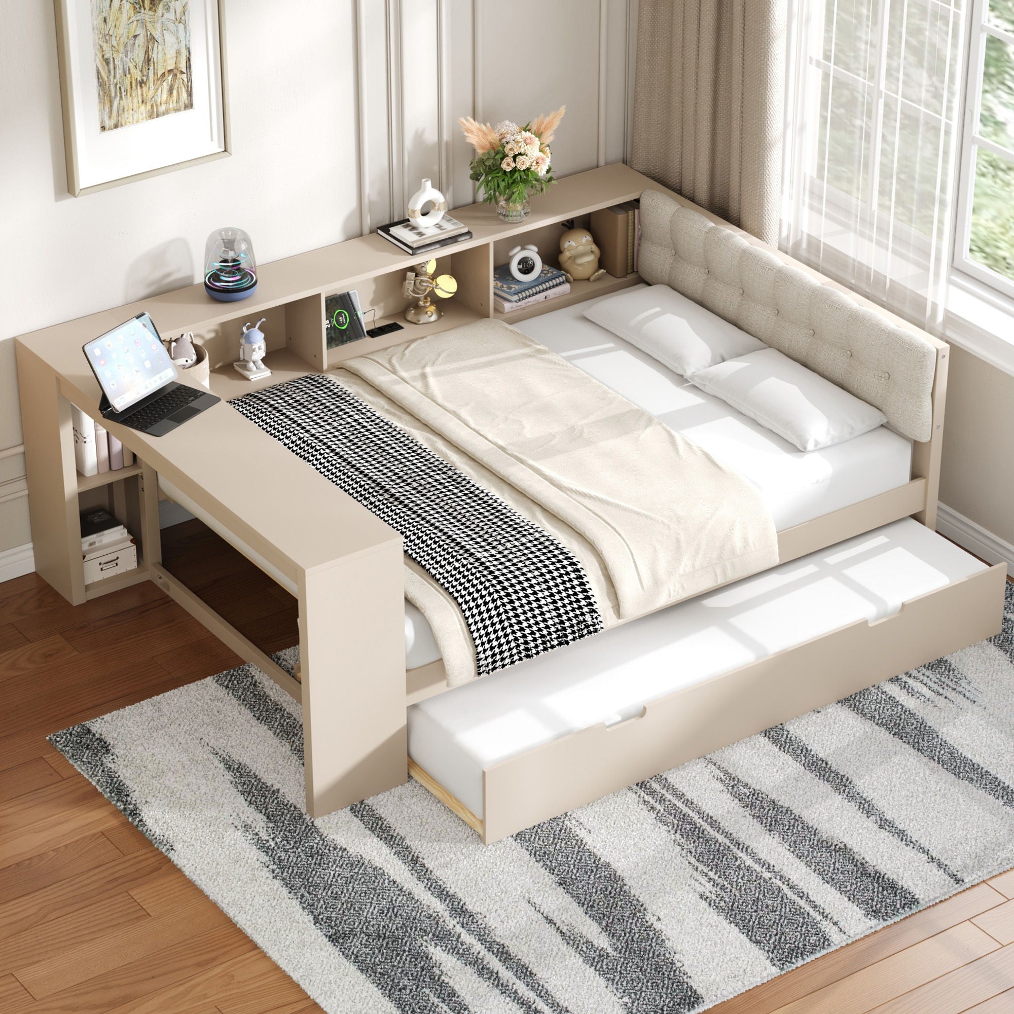 Upholstered Headboard Platform Bed with Storage Shelves, Trundle, and Charging Station