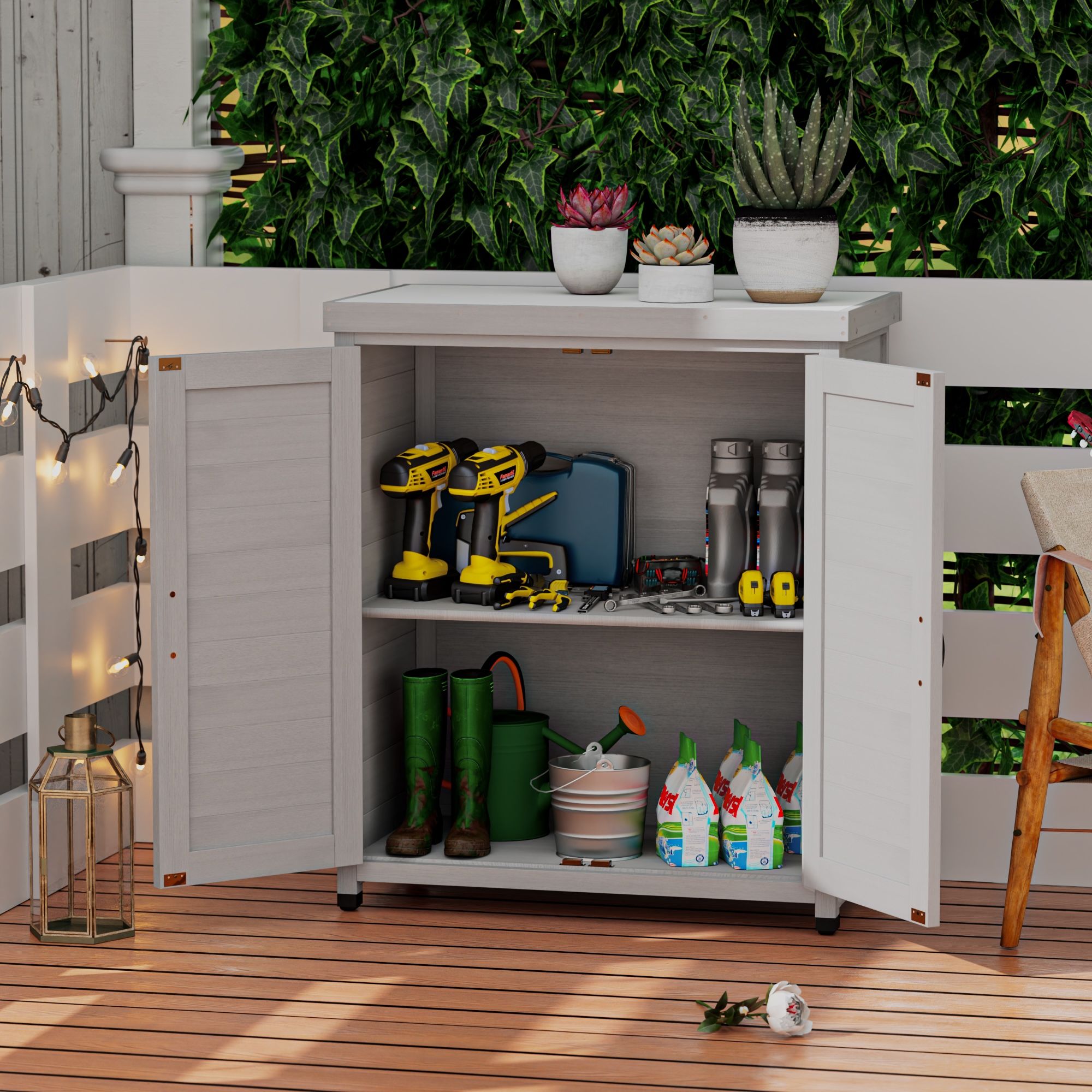 Rustic Cedar Wood Potting Bench With Storage Cabinet And Metal Top For Outdoor Patio - Gray