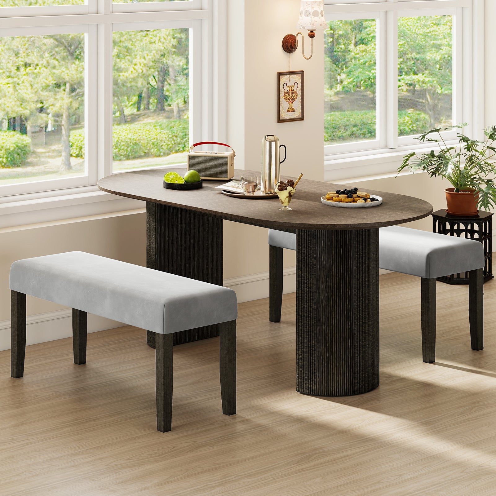 End of Bed Bench with Padded Seat and Solid Wood Legs-Gray