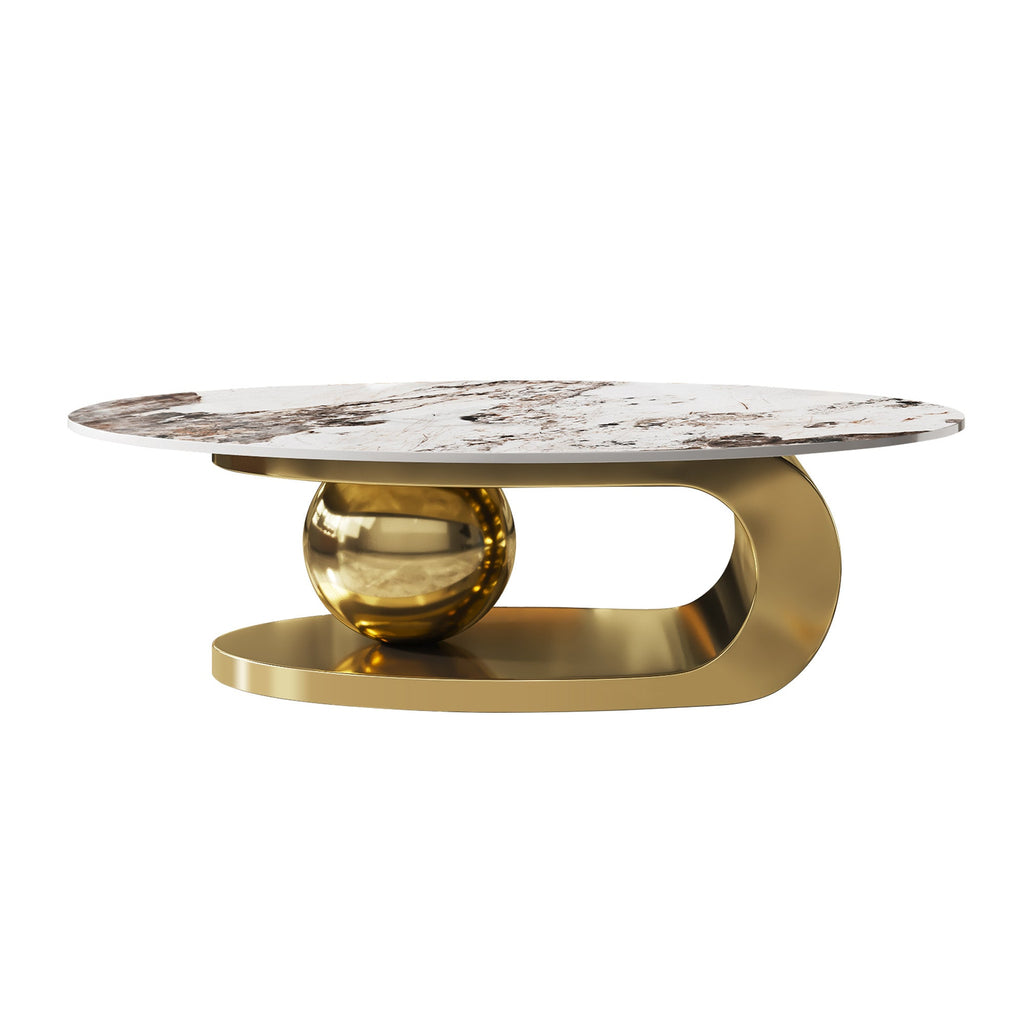 49.2 Inches Oval Faux Marble Coffee Table for Living Room with Stainless Steel Base