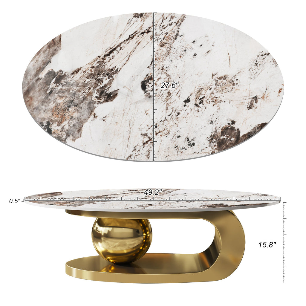 49.2 Inches Oval Faux Marble Coffee Table for Living Room with Stainless Steel Base