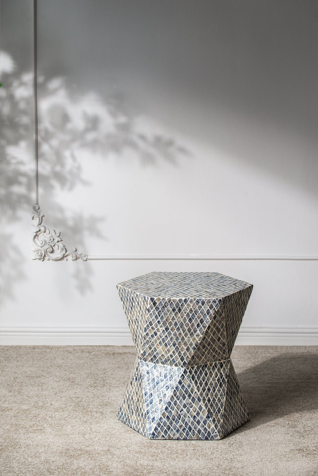 19x19x20" Tapered Blue Garden Capiz Stool, Accent Side Table
