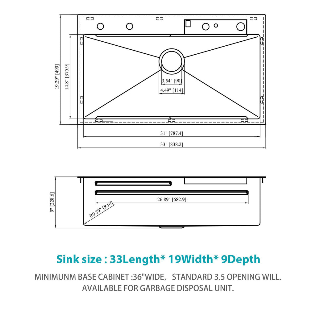 33" Stainless Steel Single Bowl Kitchen Sink With Waterfall Flow