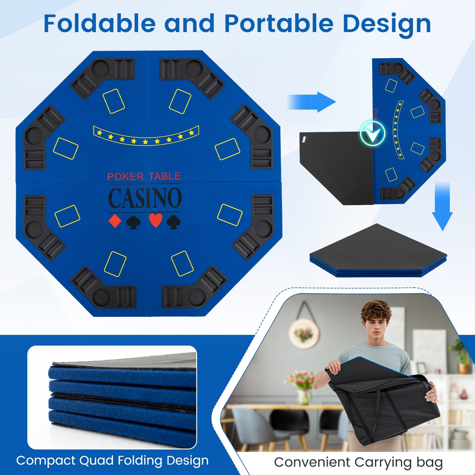 8-Player Foldable Poker Table Top with Carrying Bag