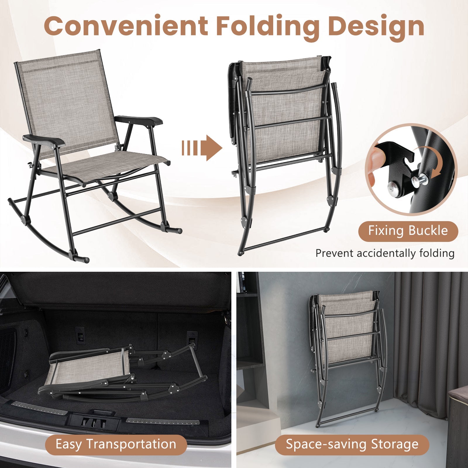 Folding Rocking Chair with Breathable Seat Fabric Set of 2