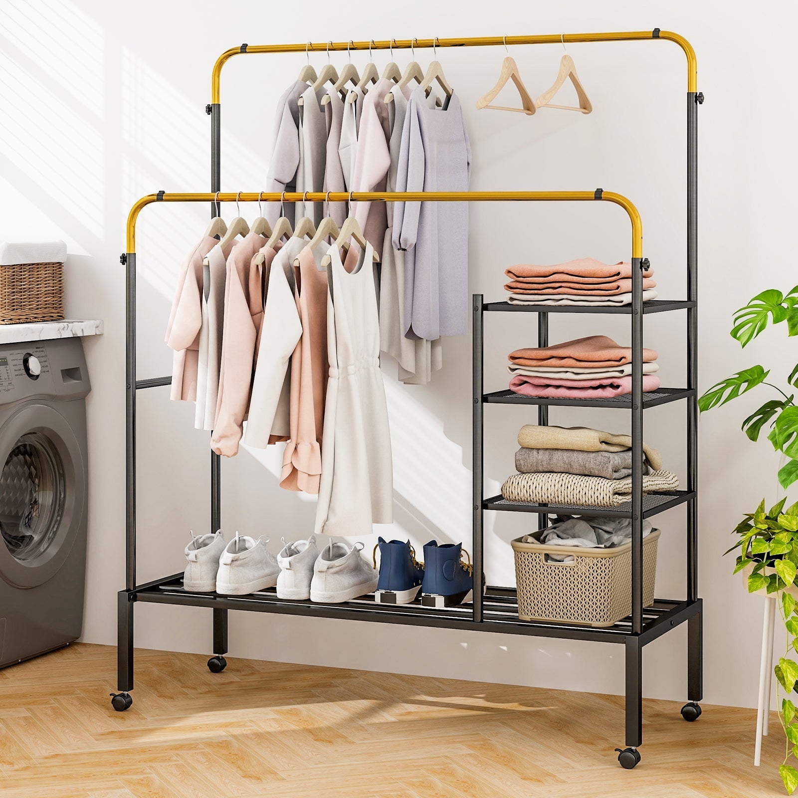 Rolling Double Rods Garment Rack with Height Adjustable Hanging Bars