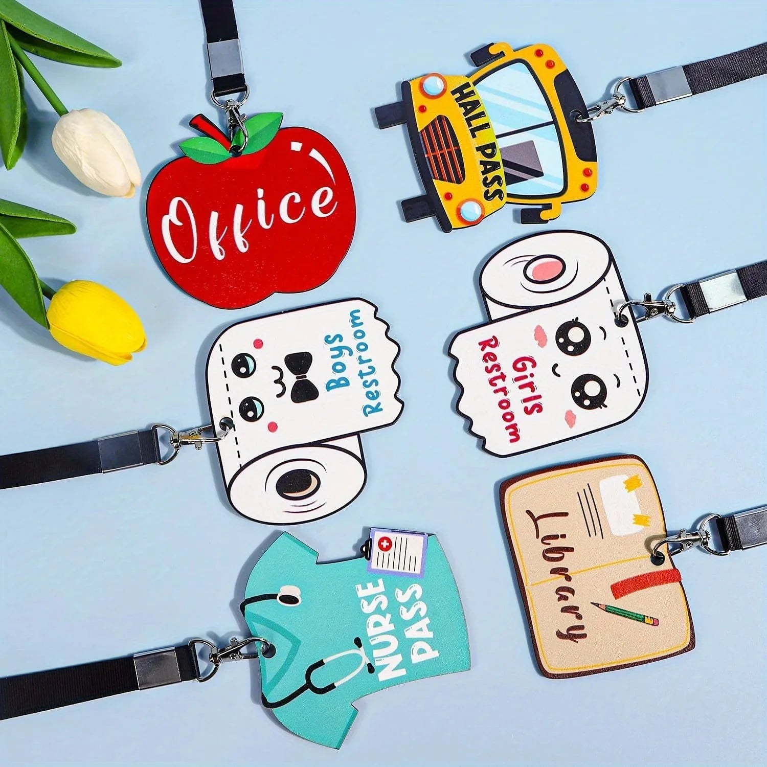 Hall Pass Lanyards and School Passes | 6-Piece Cute Classroom Set
