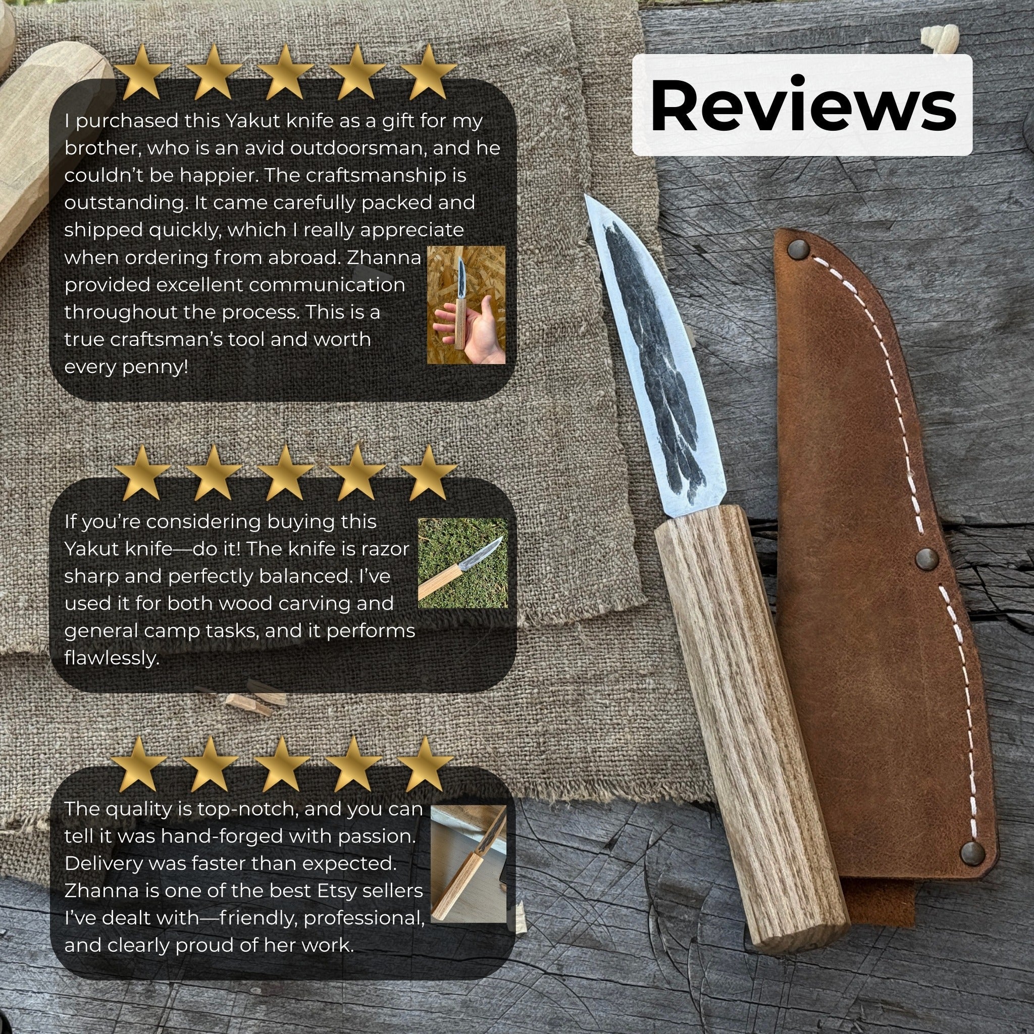 Hand-Forged Yakut Knife with Leather Sheath, 9.5 cm (3.74 inches)