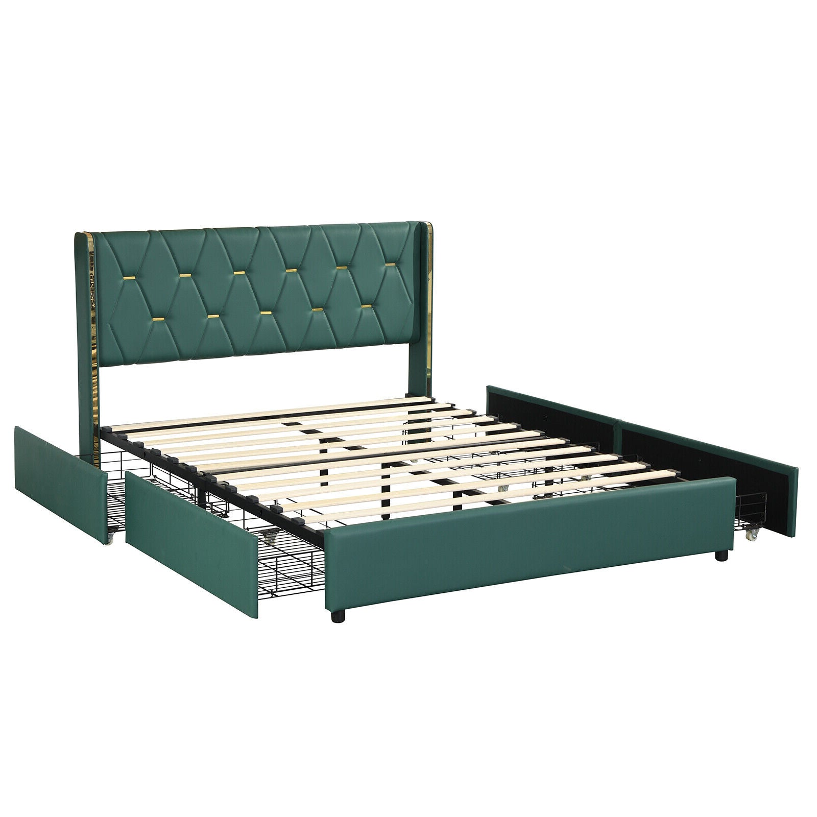 Full/Queen Size Upholstered Bed Frame with 4 Drawers-Green