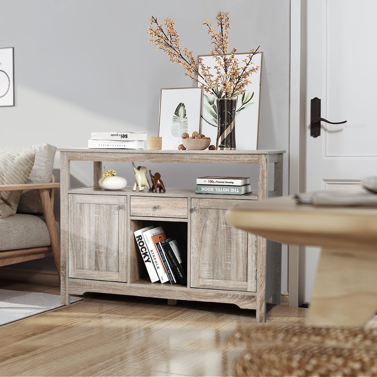Server Buffet Sideboard With Wine Rack and Open Shelf