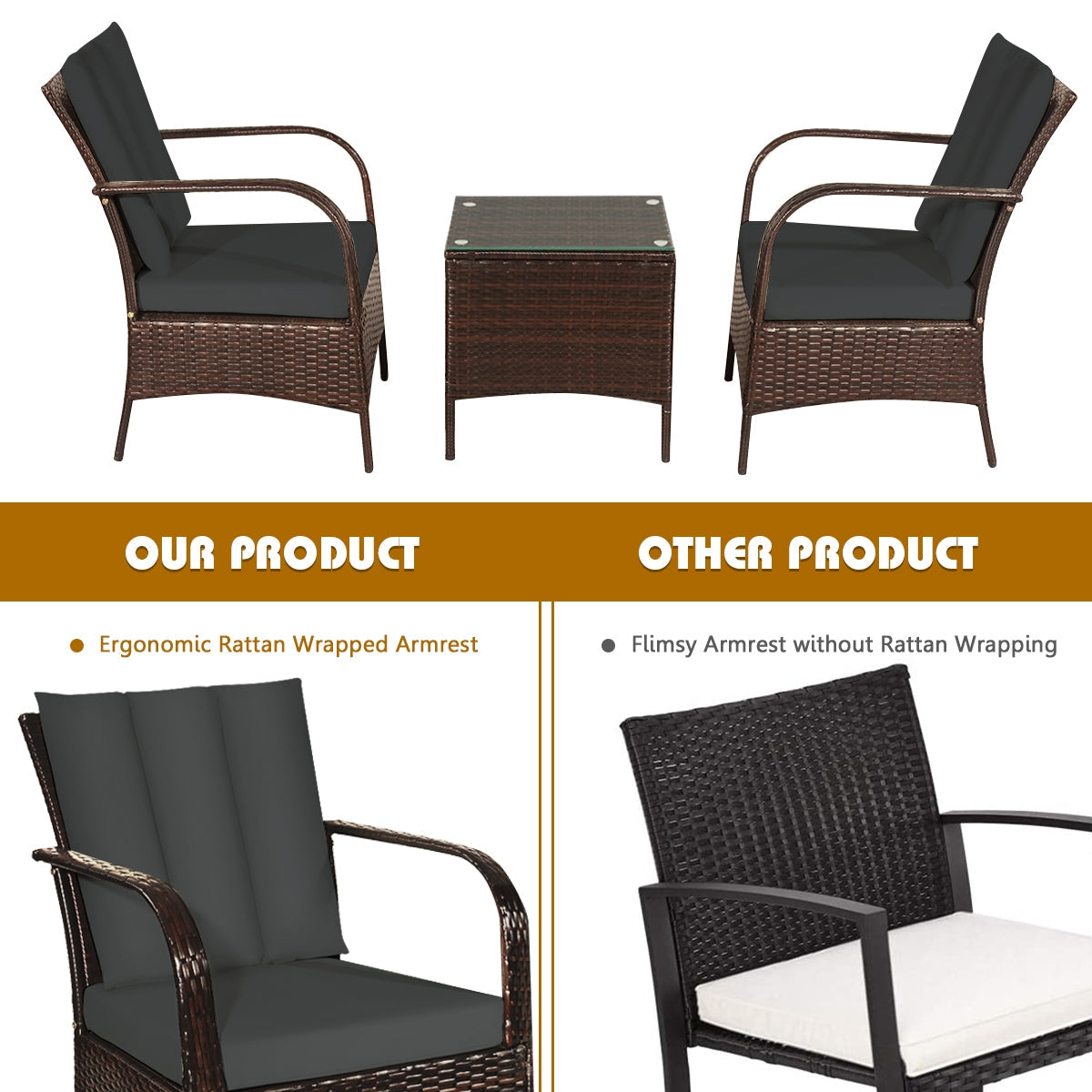 3 Pcs Patio Conversation Rattan Furniture Set with Glass Top Coffee Table and Cushions