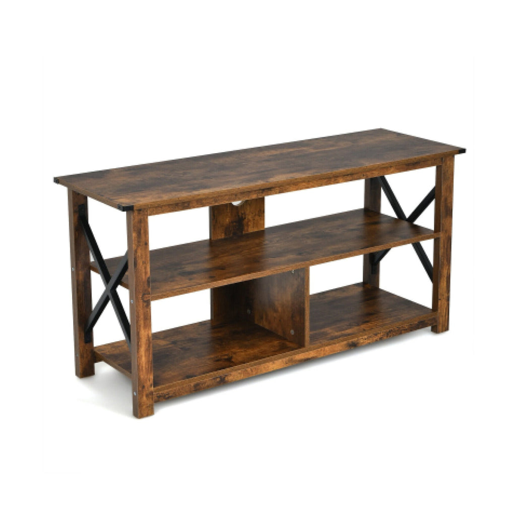 3 Tier Wood TV Stand for 55-Inch with Open Shelves and X-Shaped Frame