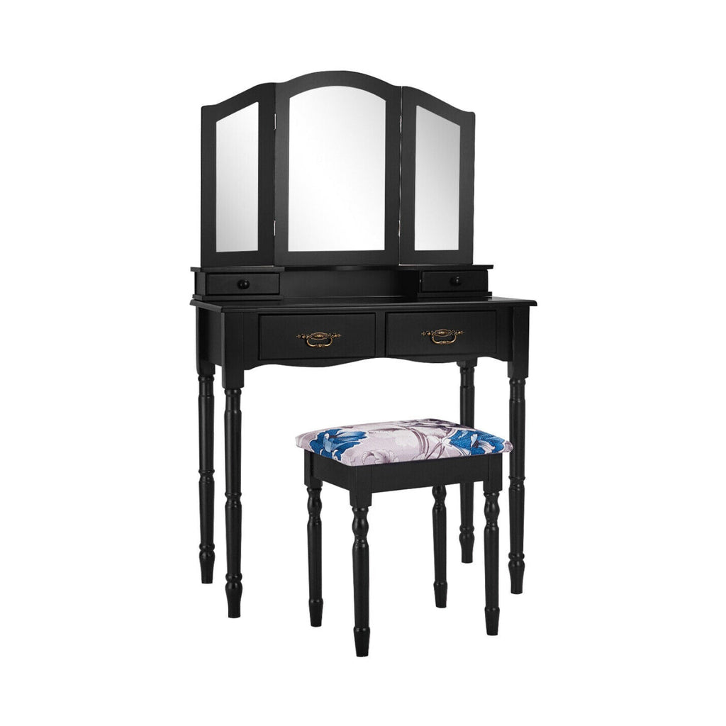 Simple Vanity Set with Tri-Folding Mirror Drawers and Storage Shelf