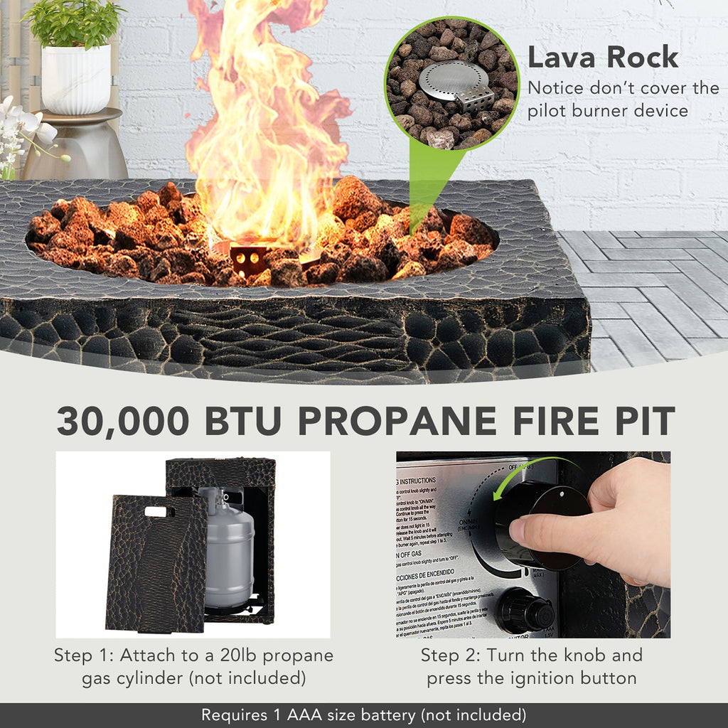 16 Feet Square Outdoor Propane Fire Pit with Lava Rocks Waterproof Cover 30000 BTU