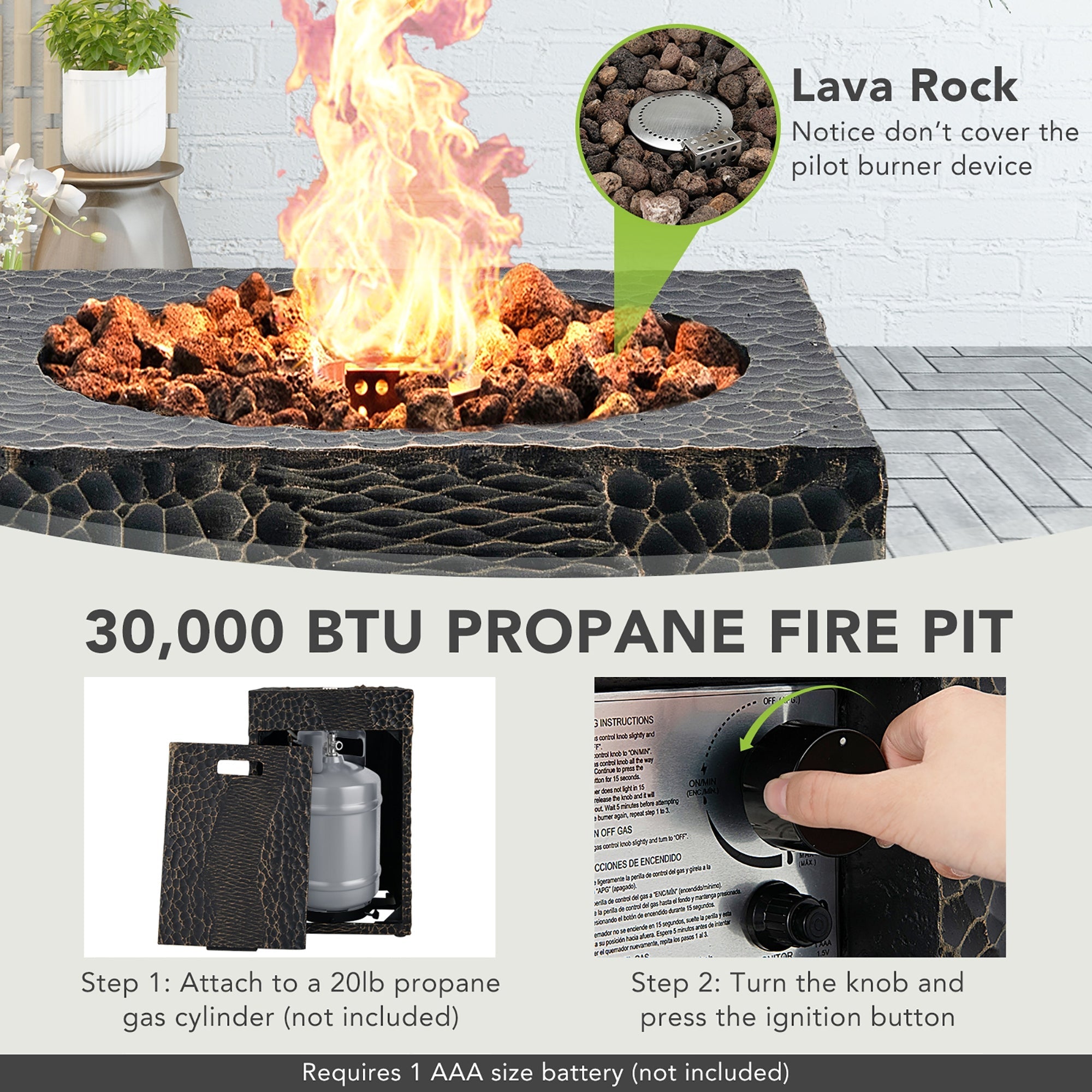 16 Feet Square Outdoor Propane Fire Pit with Lava Rocks Waterproof Cover 30000 BTU