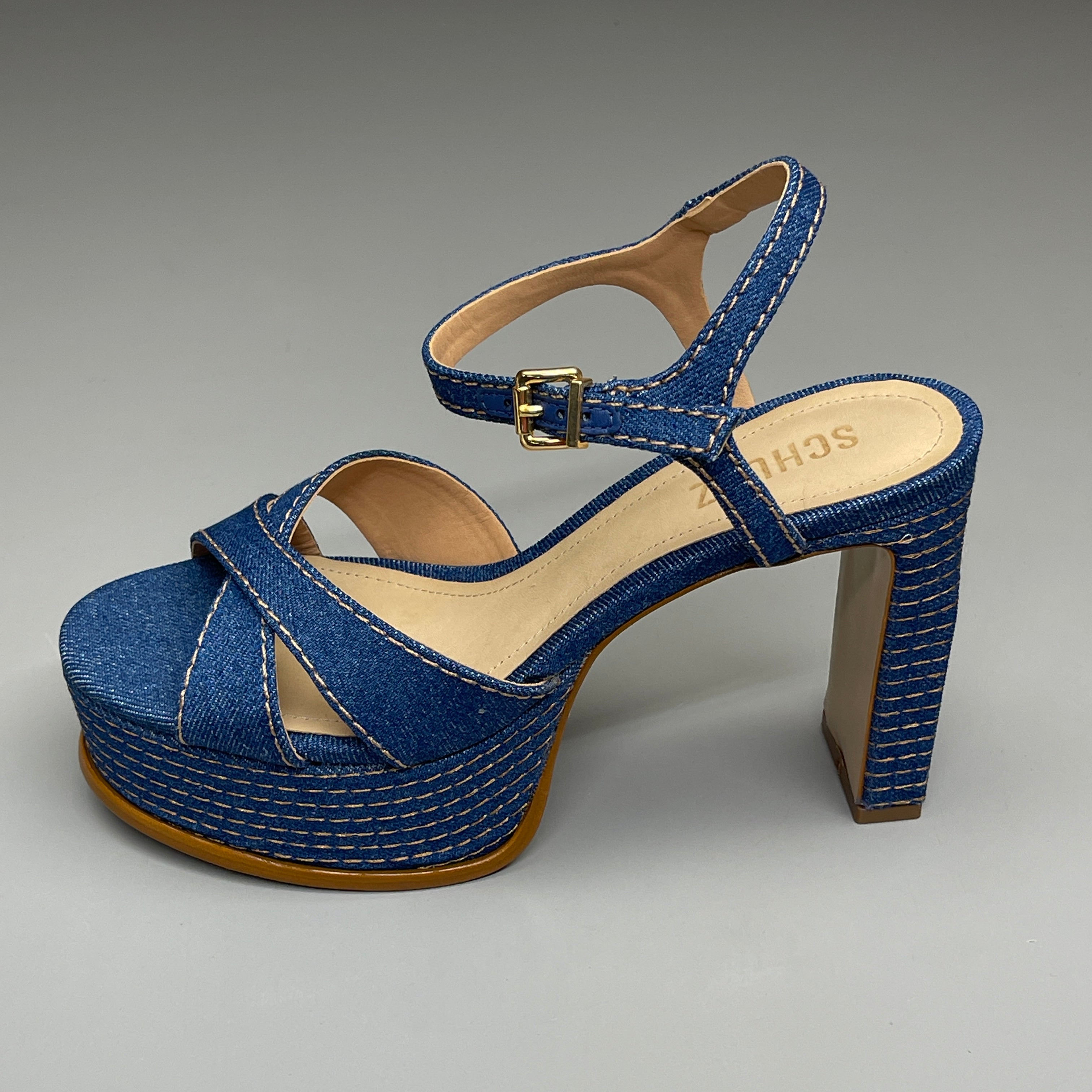 SCHUTZ Keefa Casual Denim Women's 4" Heeled Sandal Platform Blue Sz 6.5B (New)