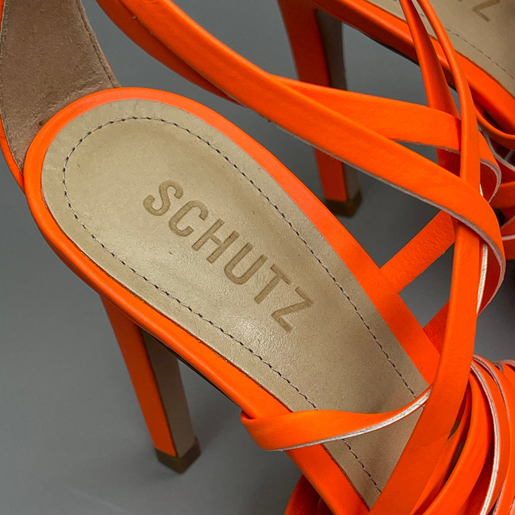 SCHUTZ Bryce Ankle Tie Women's High Heel Leather Strappy Sandal Acid Orange Sz 7.5 (New)