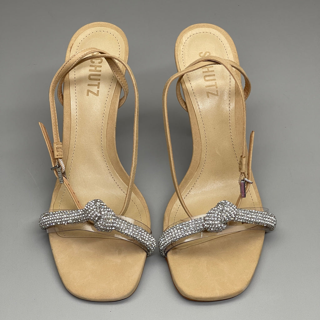 SCHUTZ Peaky Nubuck & Vinyl Multimaterial Women's Sandal Heel Light Nude Sz 8.5B (New)