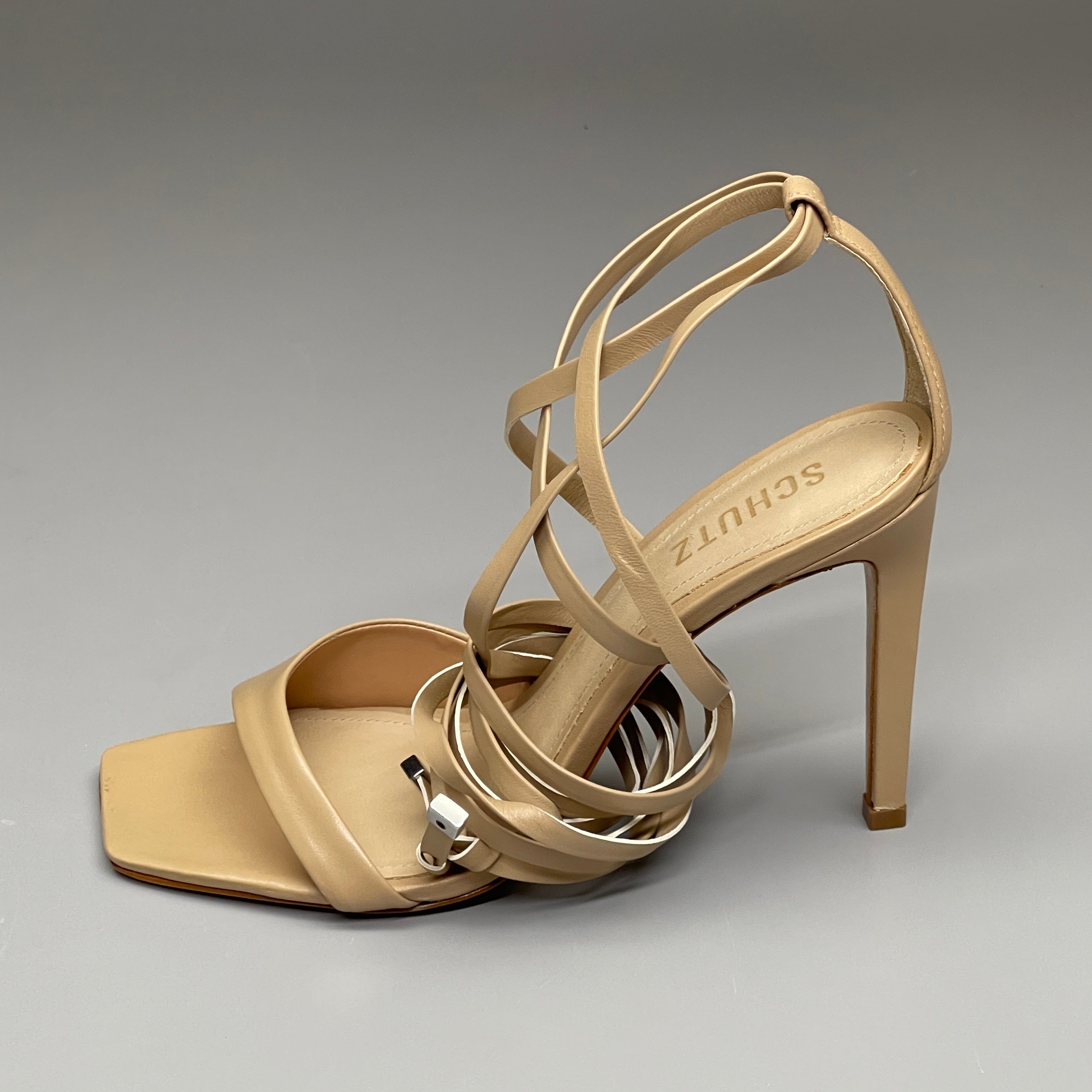 SCHUTZ Bryce Ankle Tie Women's Leather High Heel Sandal Light Nude Sz 8.5B (New)
