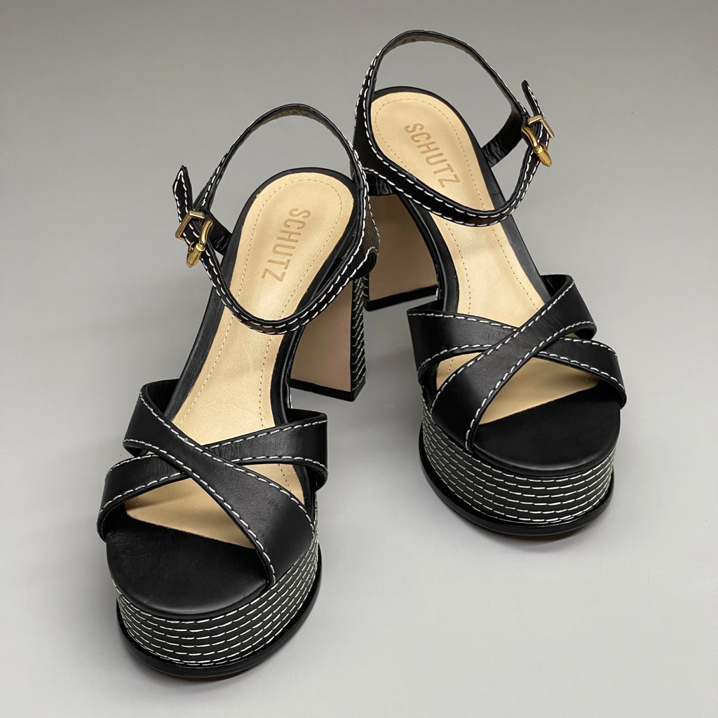 SCHUTZ Keefa Casual Women's Leather Sandal Black Platform 4" Heel Shoes Sz 10B (New)