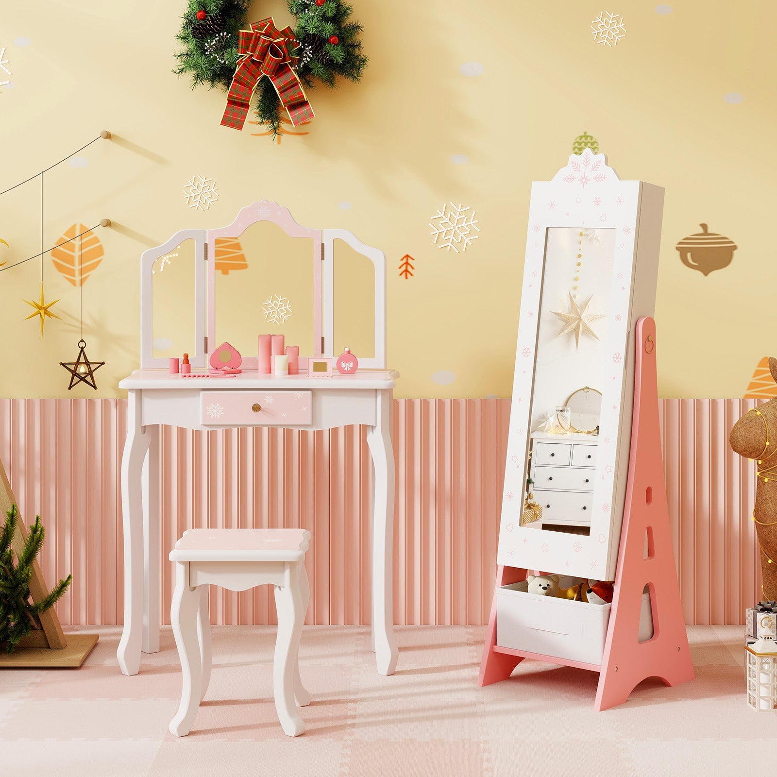 Kids Jewelry Cabinet with Full-Length Mirror and Foldable Drawer-White
