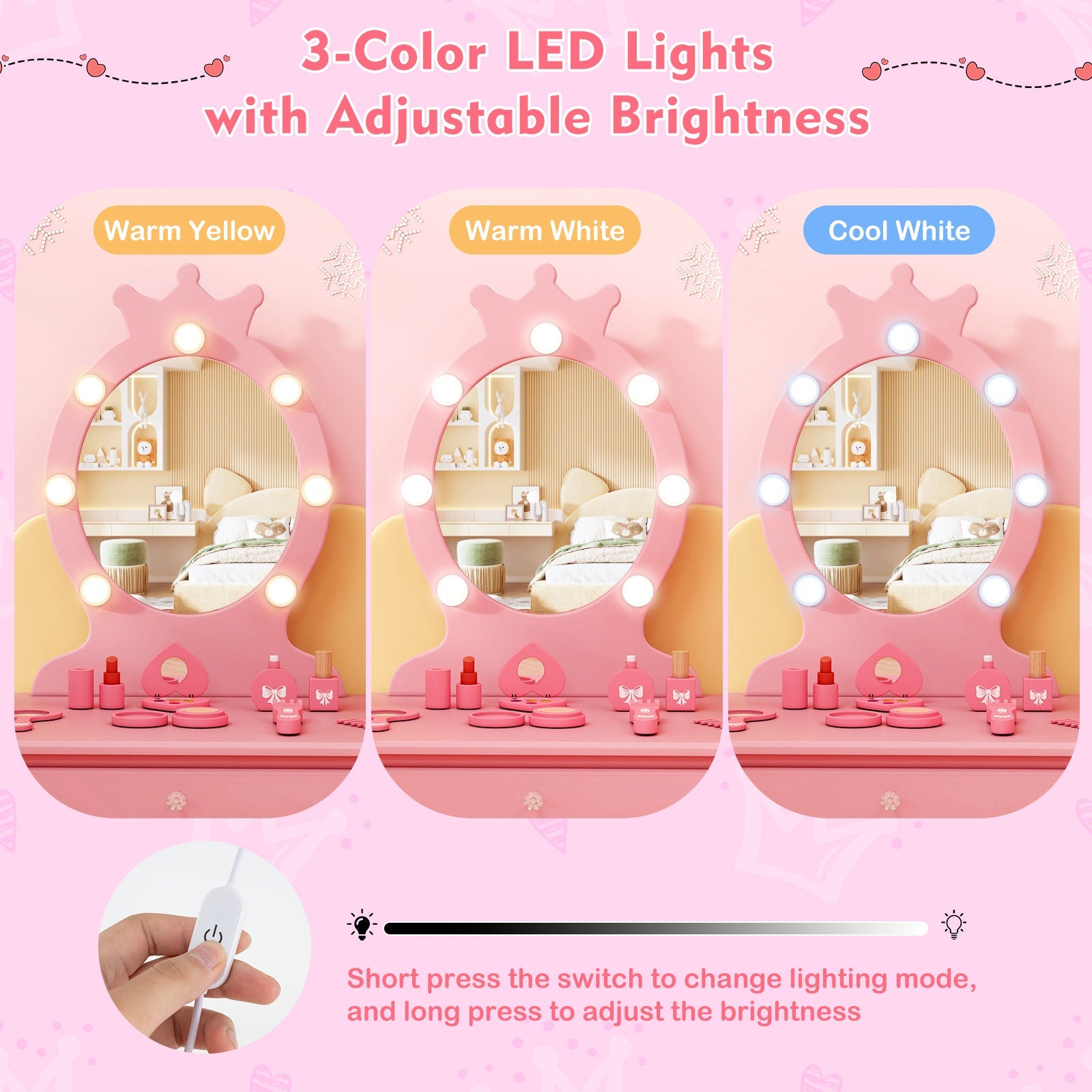 Kids Vanity Set with Lighted Mirror with Adjustable Brightness and Large Drawer