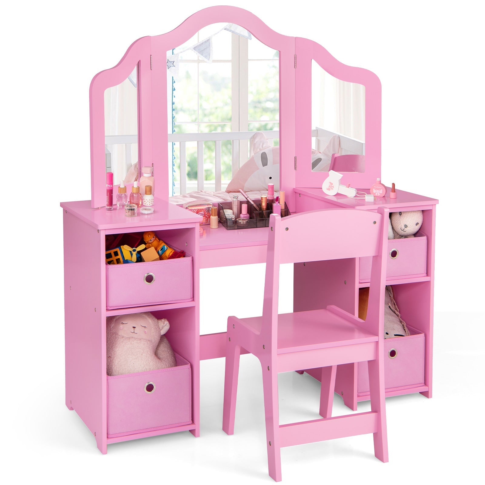 Kids Vanity Table and Chair Set with Removable Mirrors and 4 Storage Bins