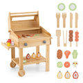 Kids Wooden Barbecue Grill Playset Pretend Kitchen with Food and Wheels-Natural