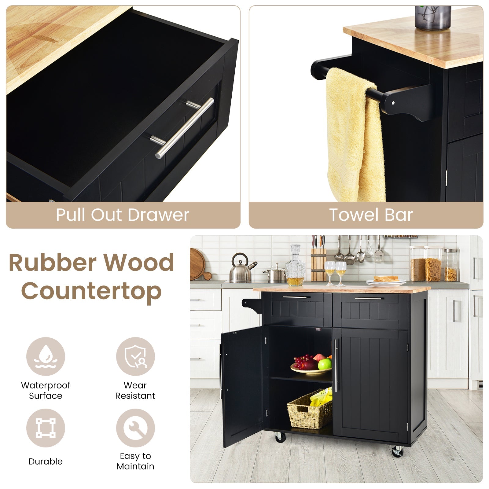 Heavy Duty Rolling Kitchen Cart with Tower Holder and Drawer