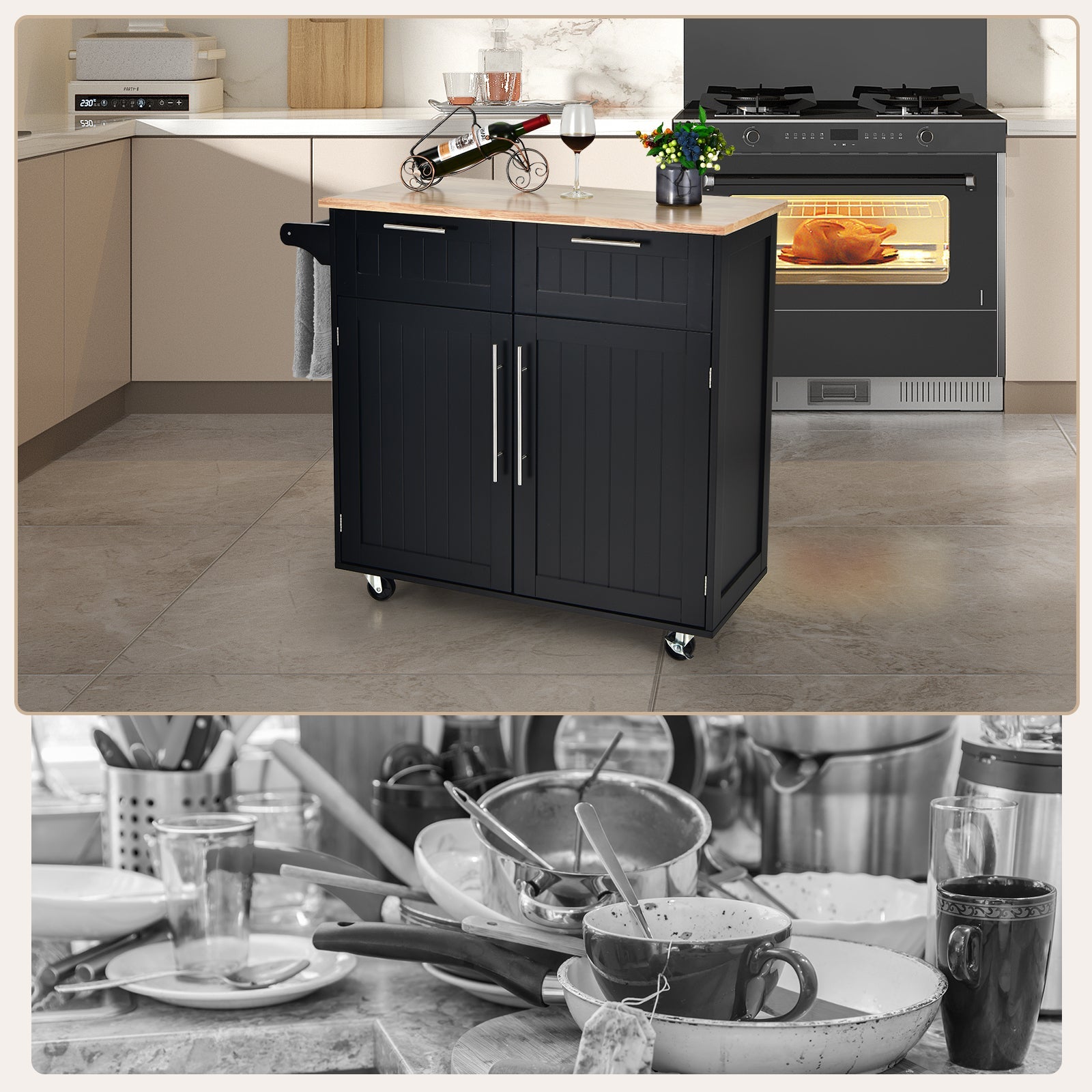 Heavy Duty Rolling Kitchen Cart with Tower Holder and Drawer