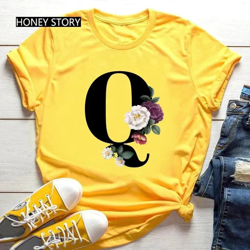 Large Size Flowers 26 English Letters Casual Yellow T-Shirt Short Sleeve | Unisex Y2K Graphic Tee