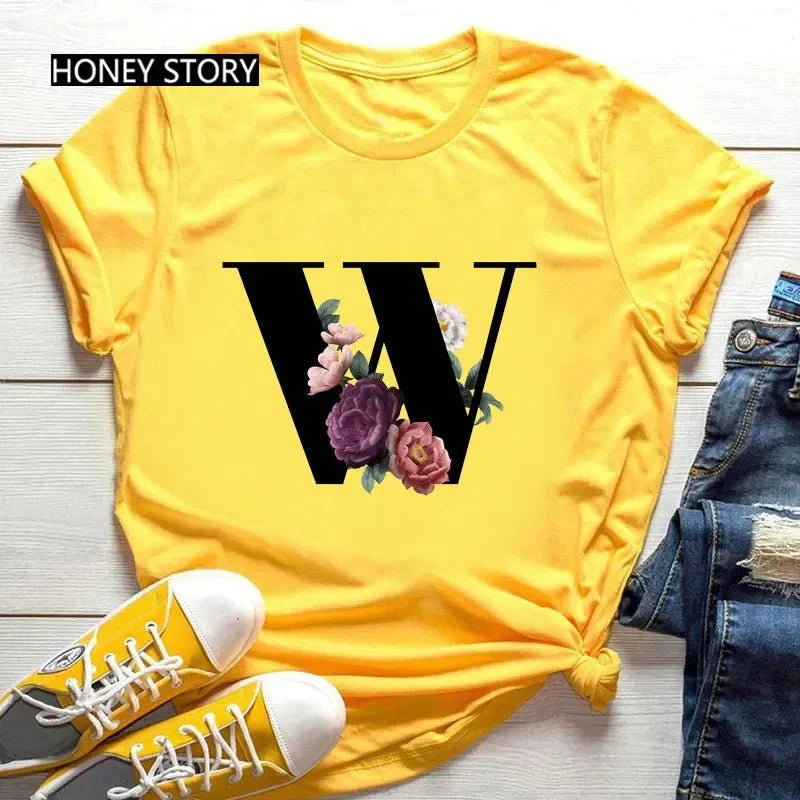 Large Size Flowers 26 English Letters Casual Yellow T-Shirt Short Sleeve | Unisex Y2K Graphic Tee