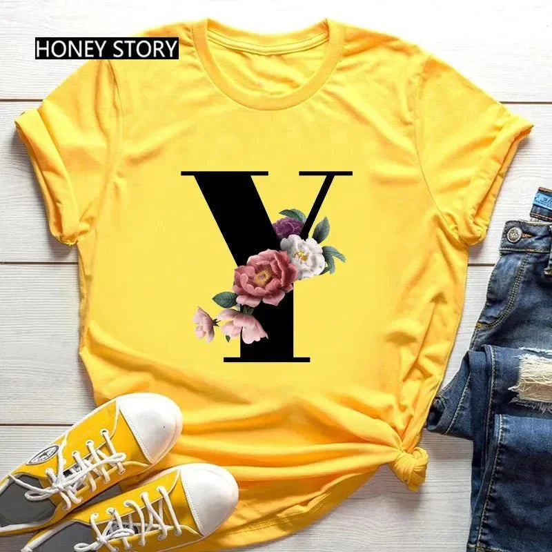 Large Size Flowers 26 English Letters Casual Yellow T-Shirt Short Sleeve | Unisex Y2K Graphic Tee