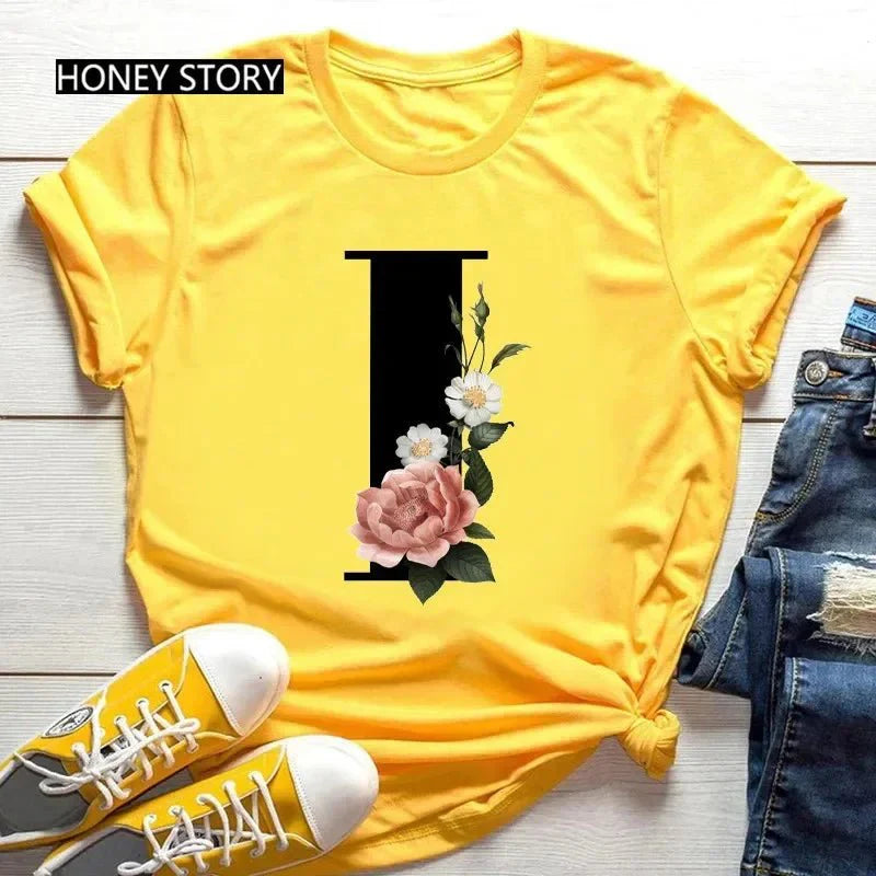 Large Size Flowers 26 English Letters Casual Yellow T-Shirt Short Sleeve | Unisex Y2K Graphic Tee