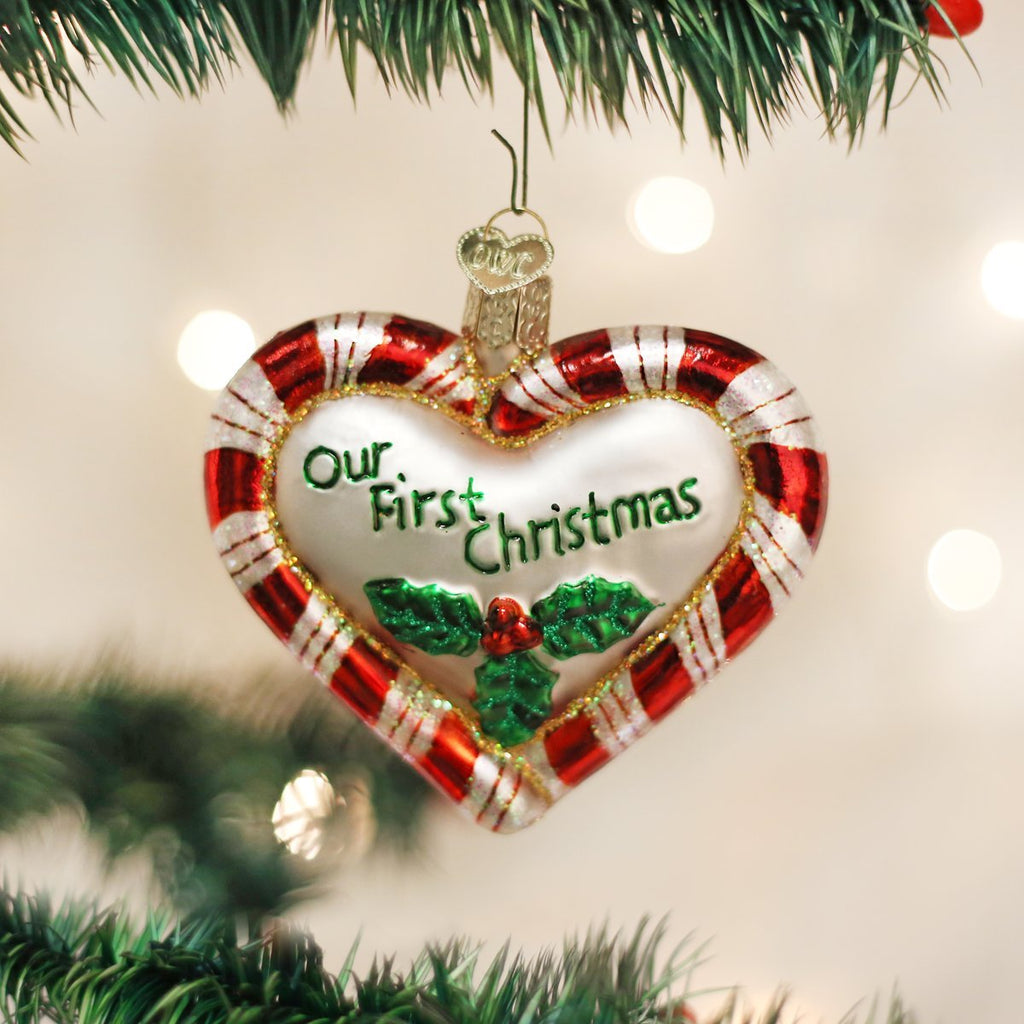 Our First Christmas Peppermint Heart Glass Ornament