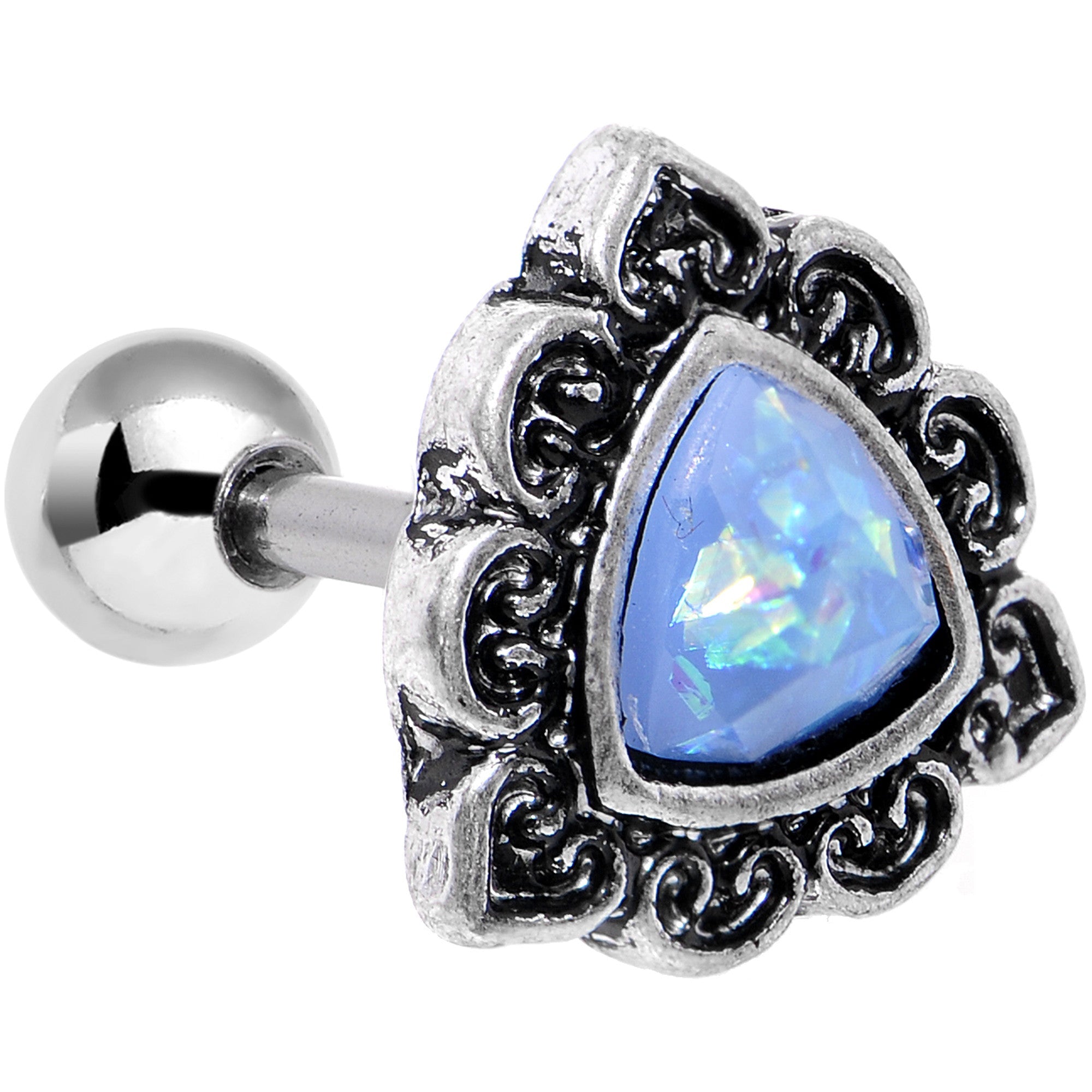 16G Iridescent Blue Faux Opal Ornate Tragus Cartilage Earring