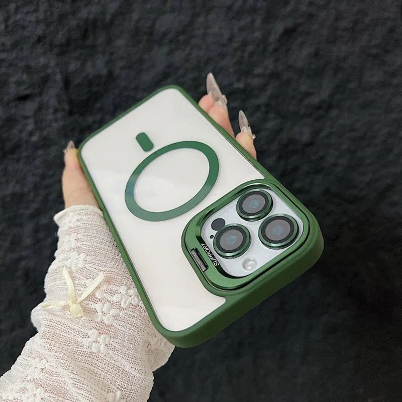 Magnetic Shockproof Transparent Phone Case with Stand | Glass Lens Protection for iPhone 11-16 Series