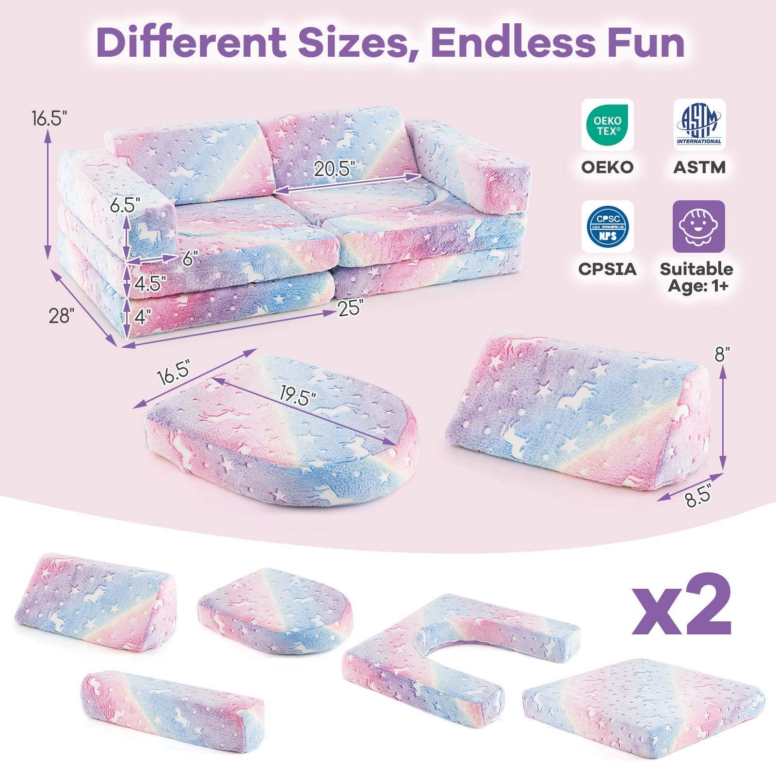 10 Pieces Modular Kids Play Couch Sectional Sofa Glow in the Dark-Multicolor