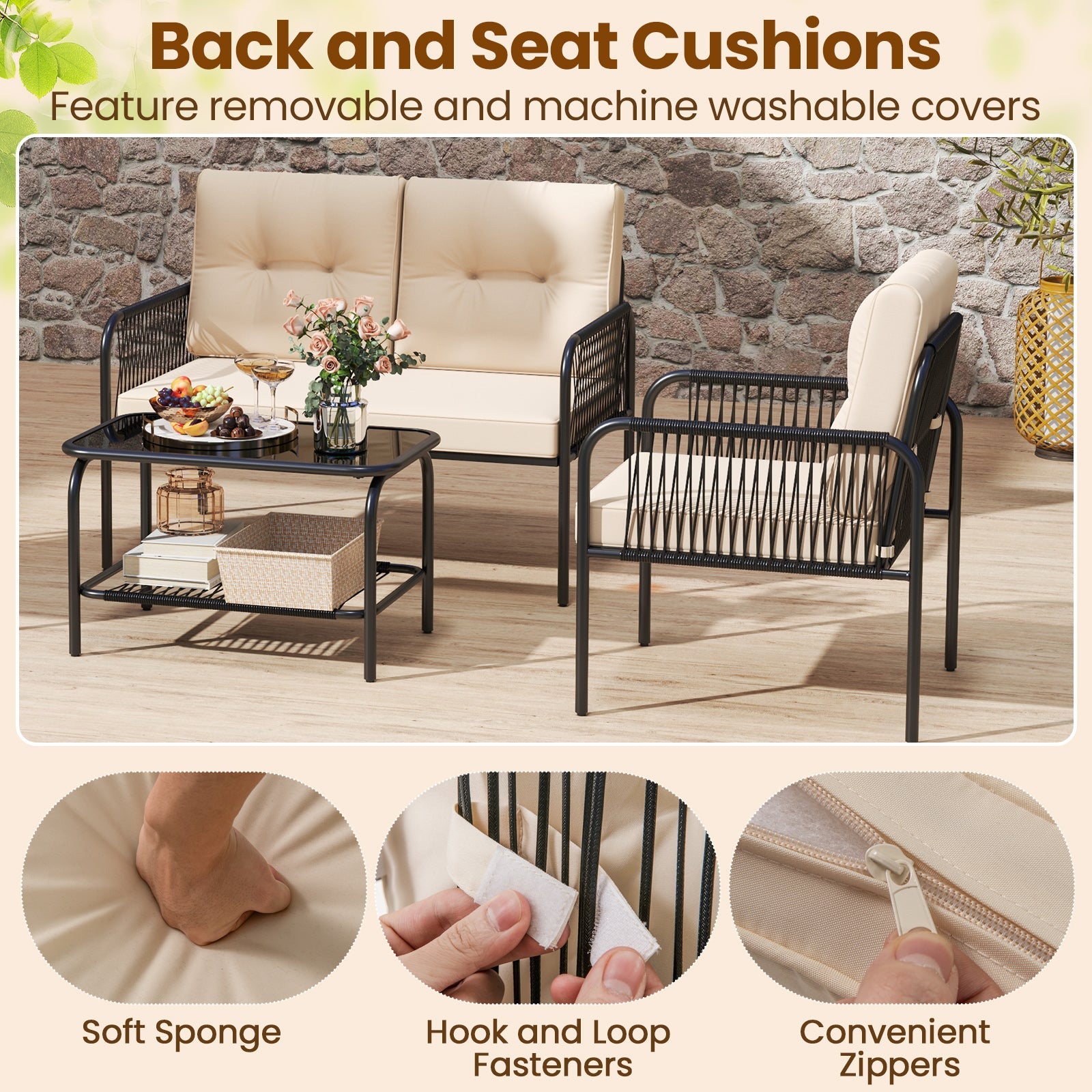 4 Pieces Patio Furniture Set PE Rattan Sofa Chairs with Loveseat-Beige
