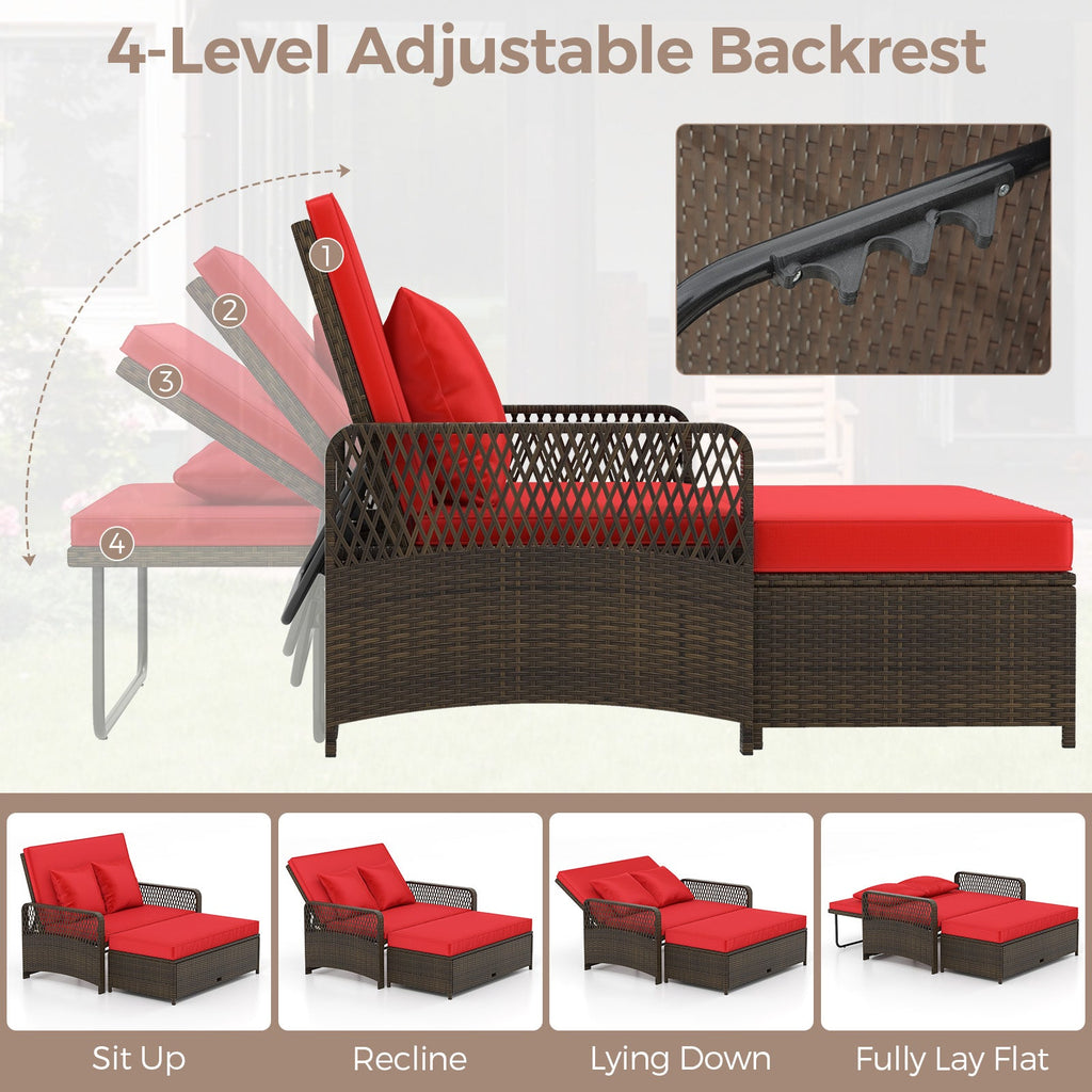 Patio Adjustable Wicker Daybed with 4-Level Backrest and Soft Cushions