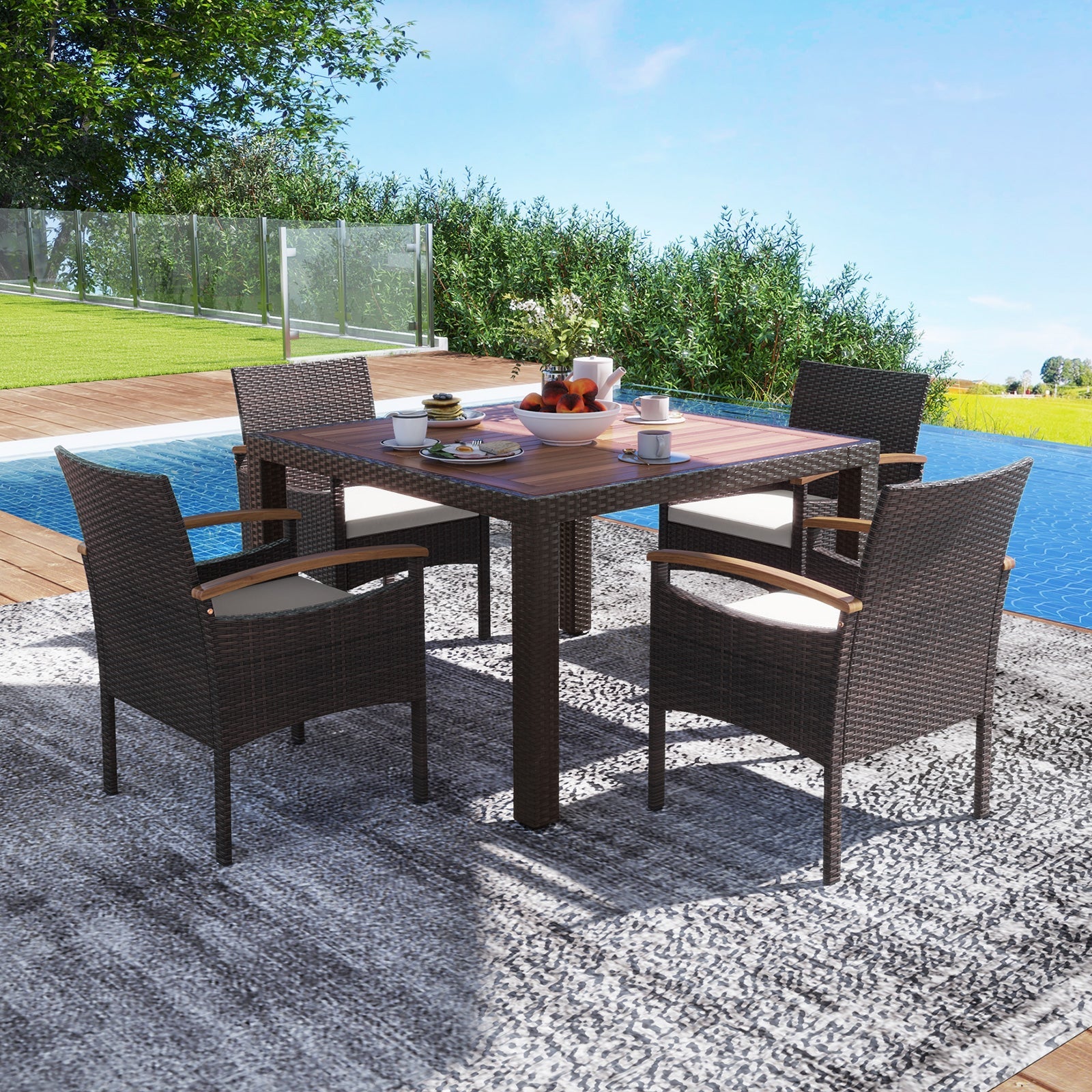 Patio Dining Chairs Set of 2/4 with Acacia Wood Armrest and Heavy Duty Metal Frame