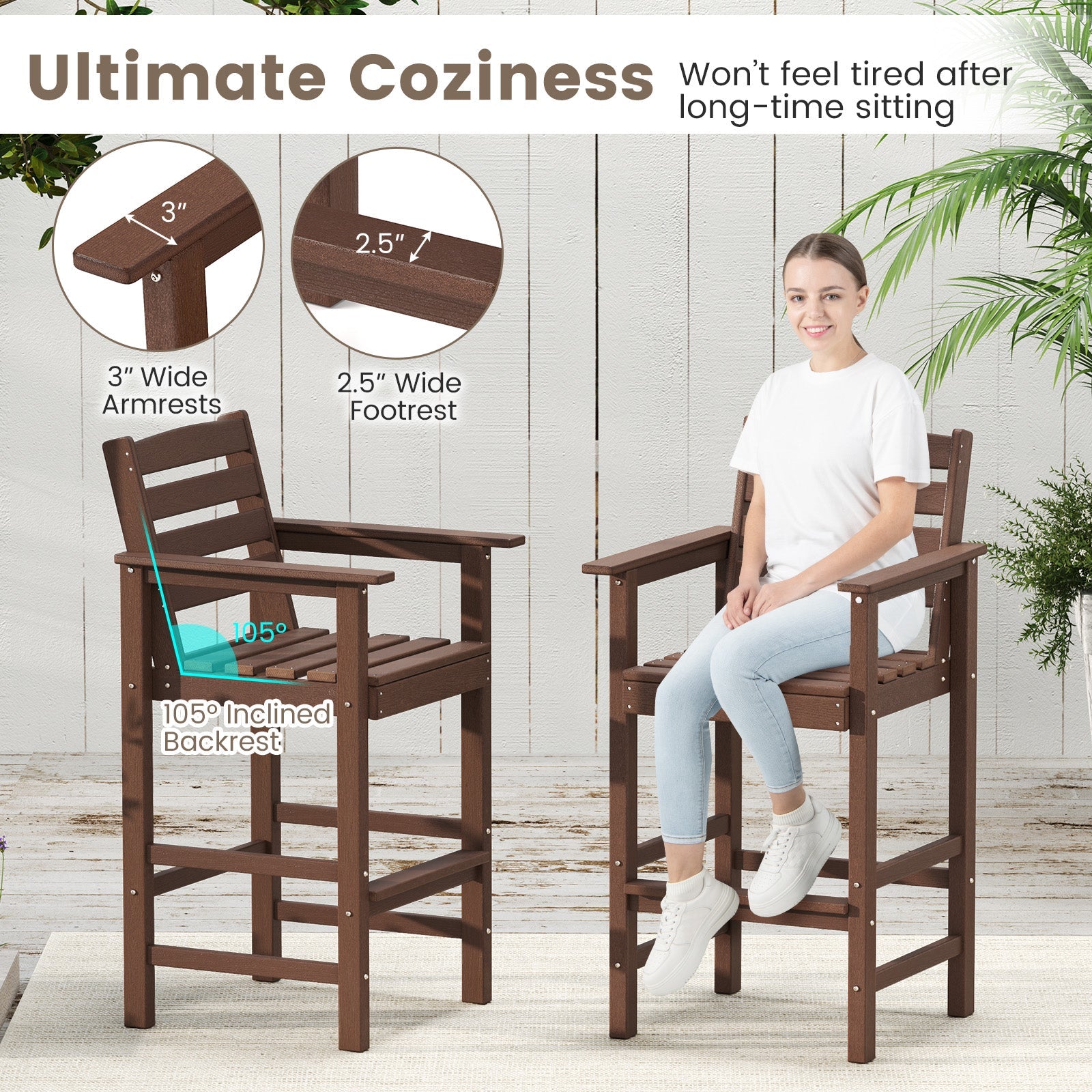 Patio HDPE Adirondack Bar Chairs Set of 2 with Wide Armrests