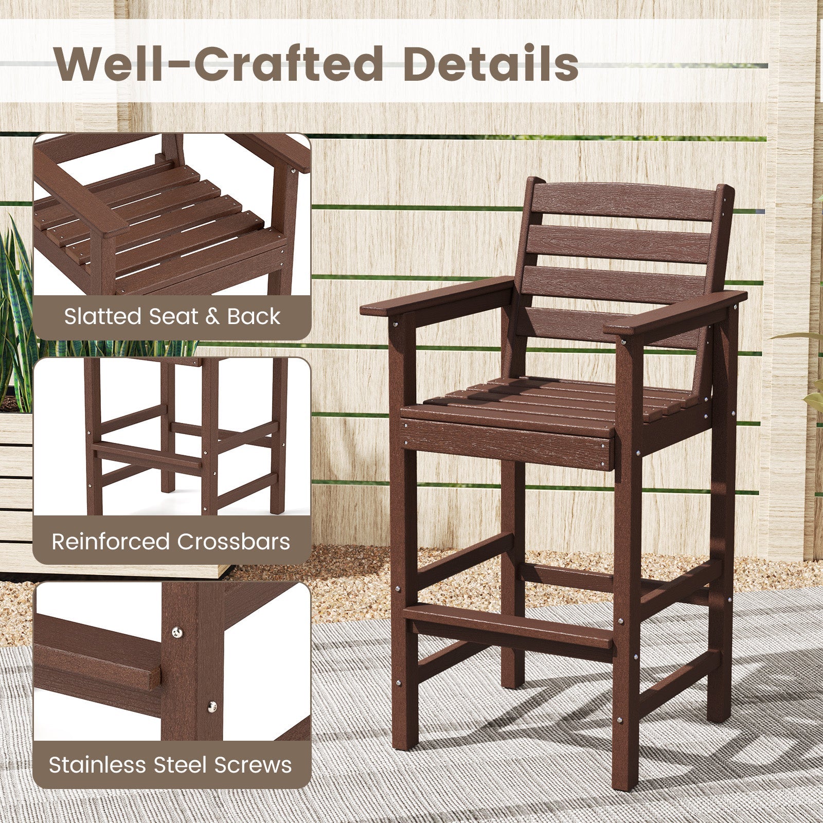 Patio HDPE Adirondack Bar Chairs Set of 2 with Wide Armrests