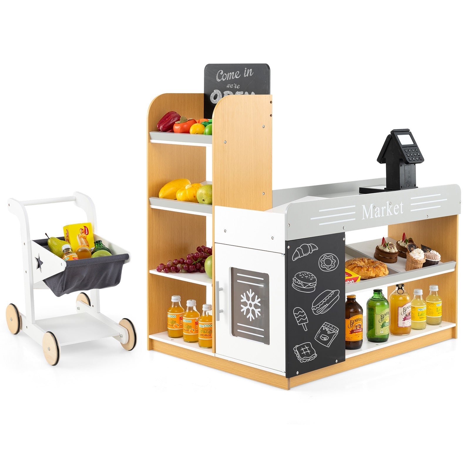 Pretend Play Grocery Store Set with Shopping Cart and 2 Chalkboards-White