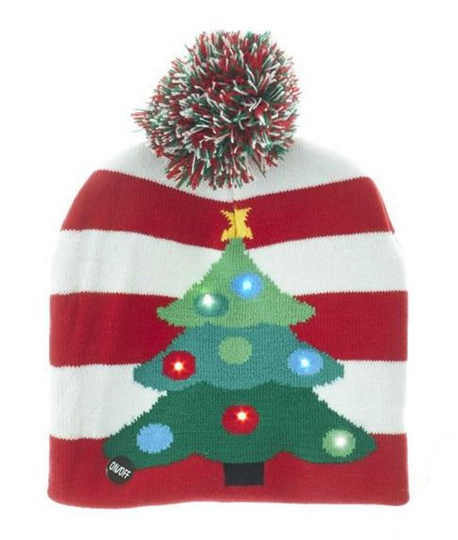 Battery-Operated Knit Hat with LED - Christmas Tree