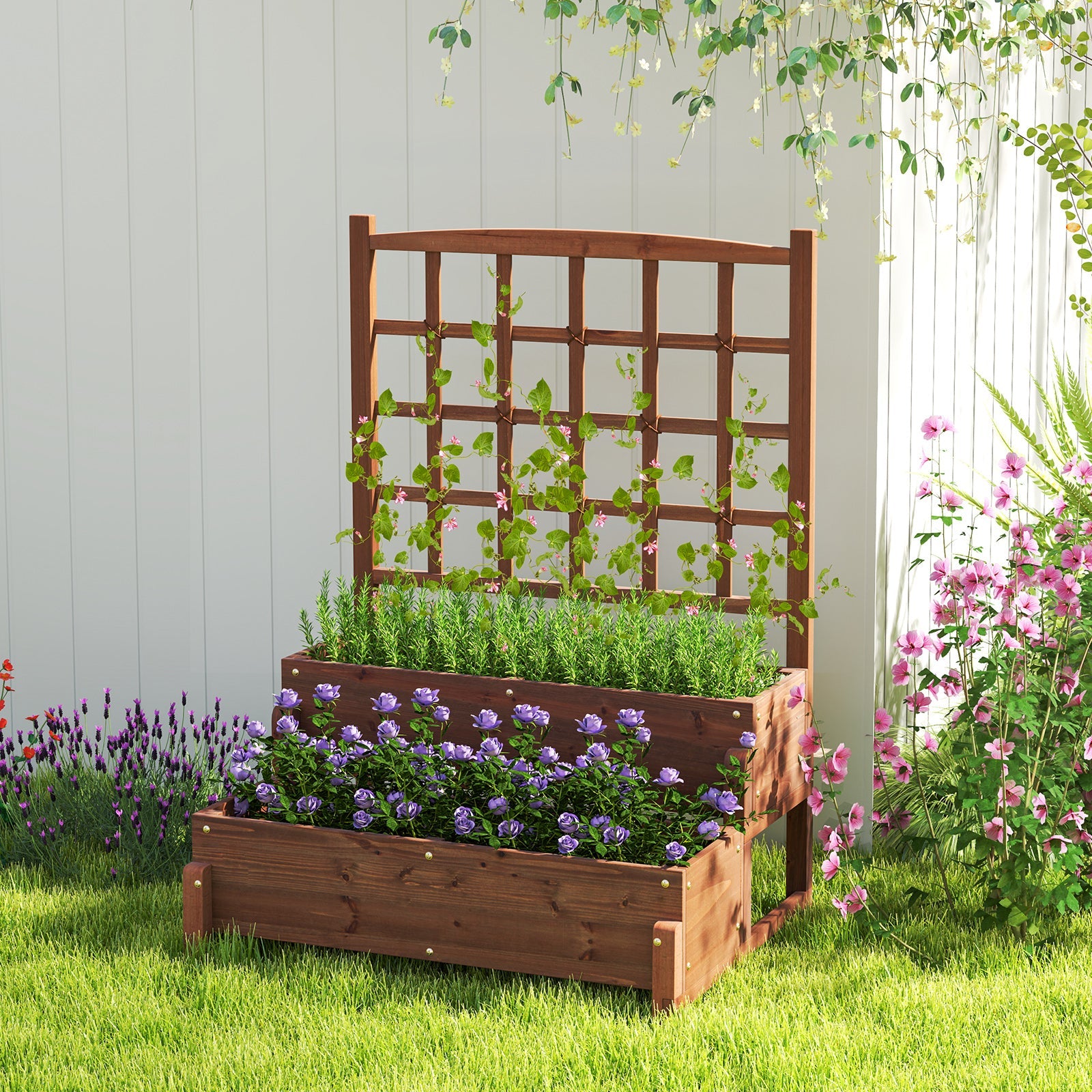 Raised Garden Bed with Trellis 2-tier Wood Planter Box with Drainage Holes-Rustic Brown