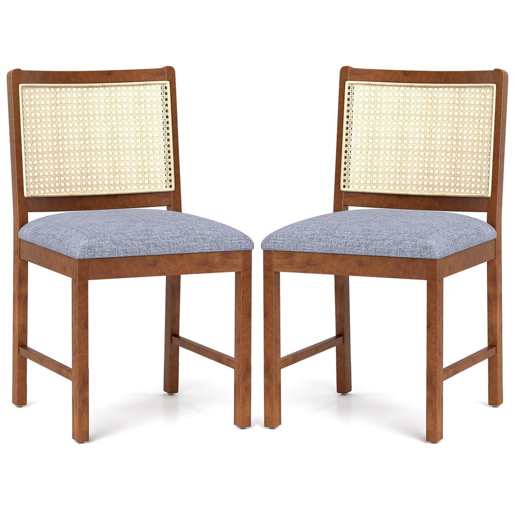 Rattan Dining Chair Set of 2 with Rubber Wood Frame and Linen Fabric Padded Seat-Walnut