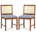 Rattan Dining Chair Set of 2 with Rubber Wood Frame and Linen Fabric Padded Seat-Walnut